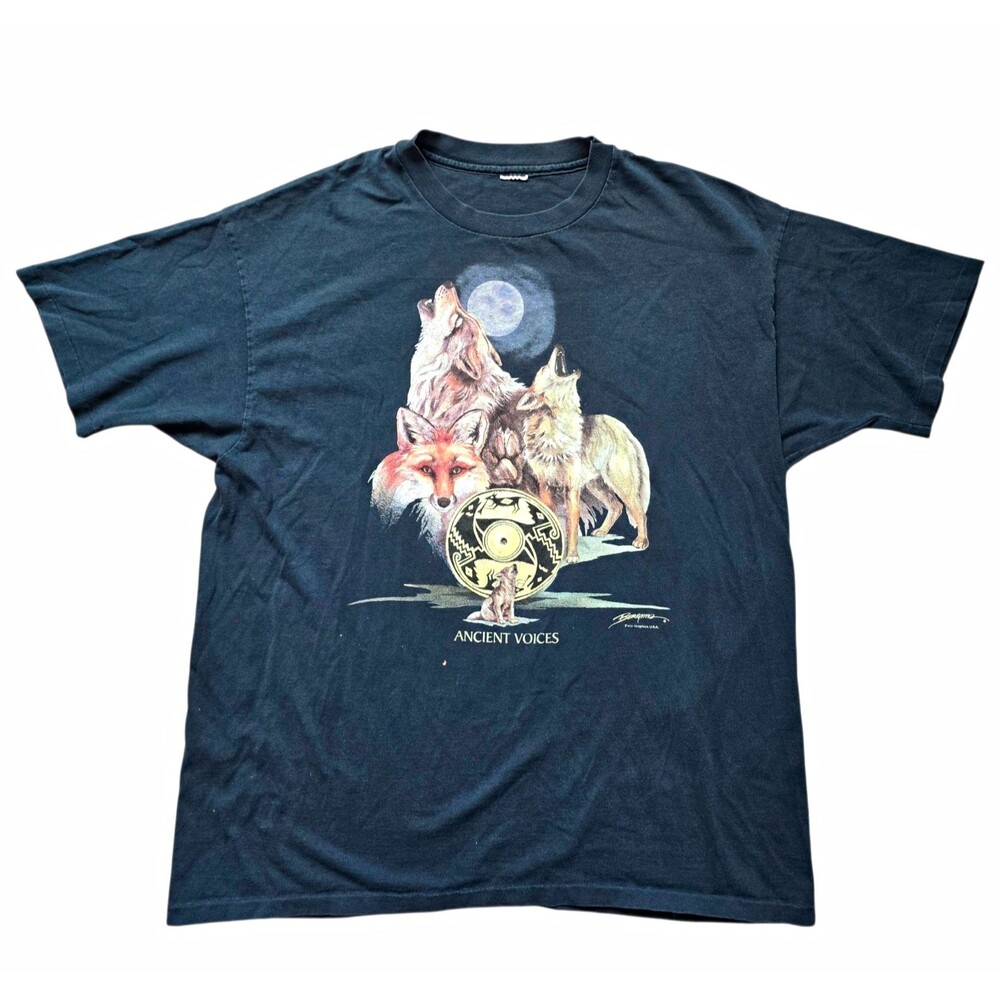 Vintage 90s Polar Graphics Ancient Voices Wolves Fox T Shirt Single Stitch XL